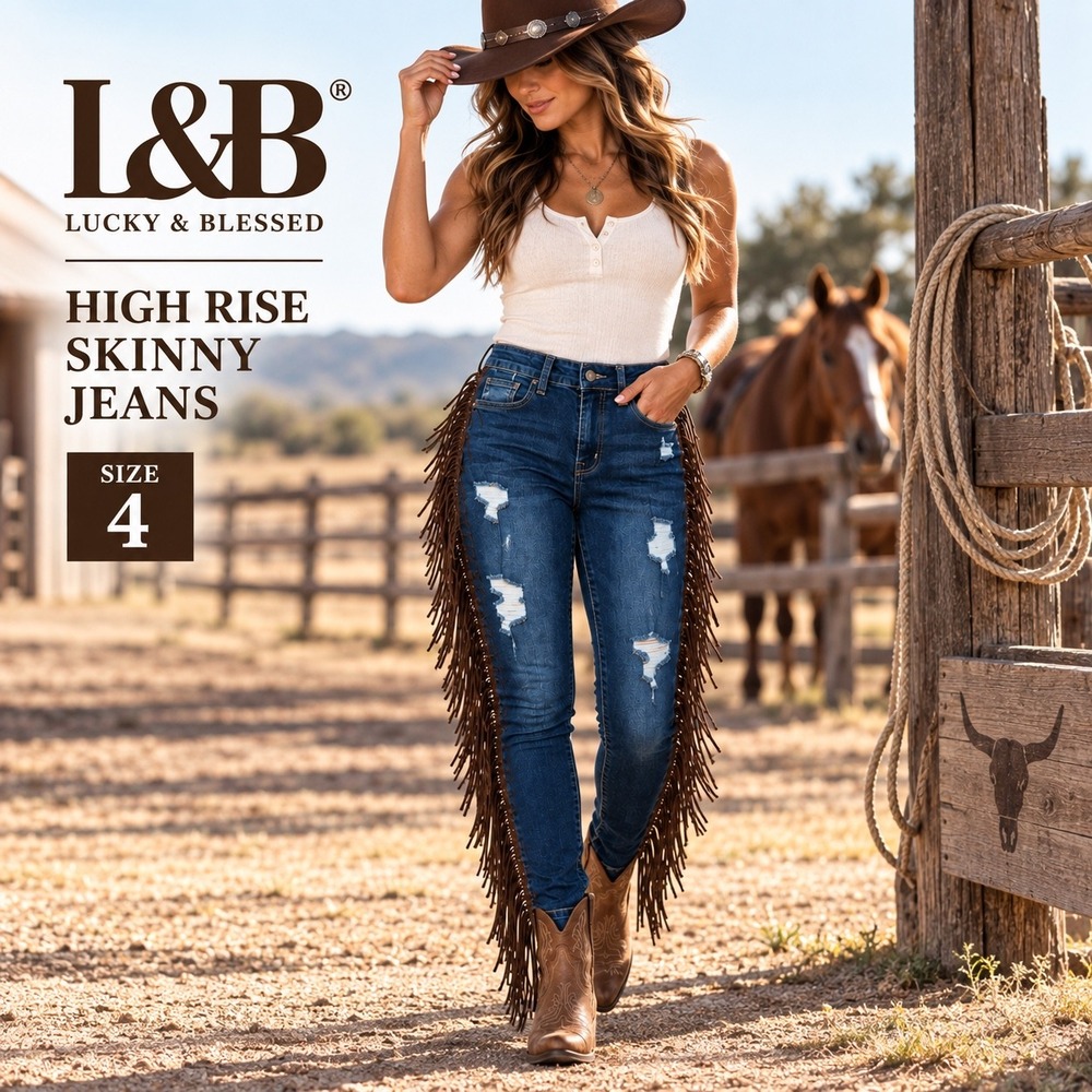 Lucky & Blessed Fringe Jeans Women 4 Blue Western Distressed High Rise Skinny